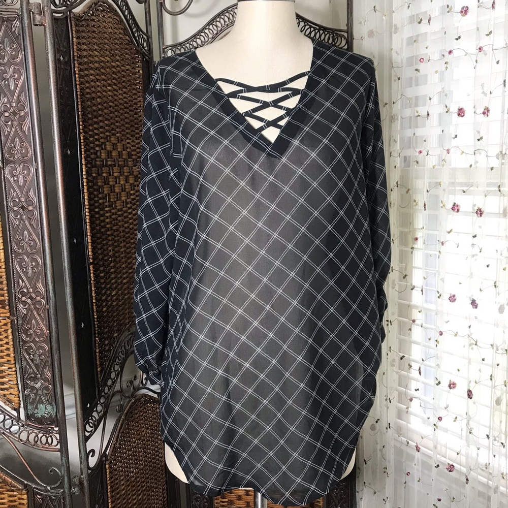 Maurices Black Plaid Crisscross V-Neck Blouse